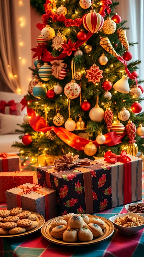 A Christmas tree decorated with Latina-themed ornaments and colorful gifts, surrounded by festive treats.